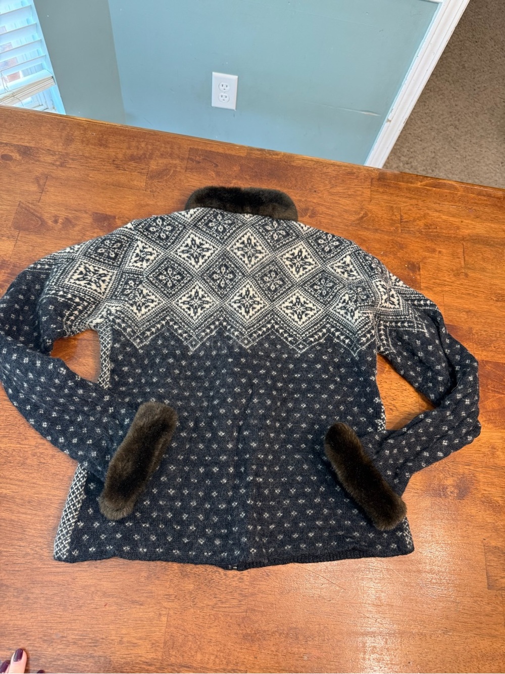 Vintage Lauren Ralph Lauren Wool Fair Isle Zip Sweater Jacket Faux Fur Collar L - Picture 5 of 11